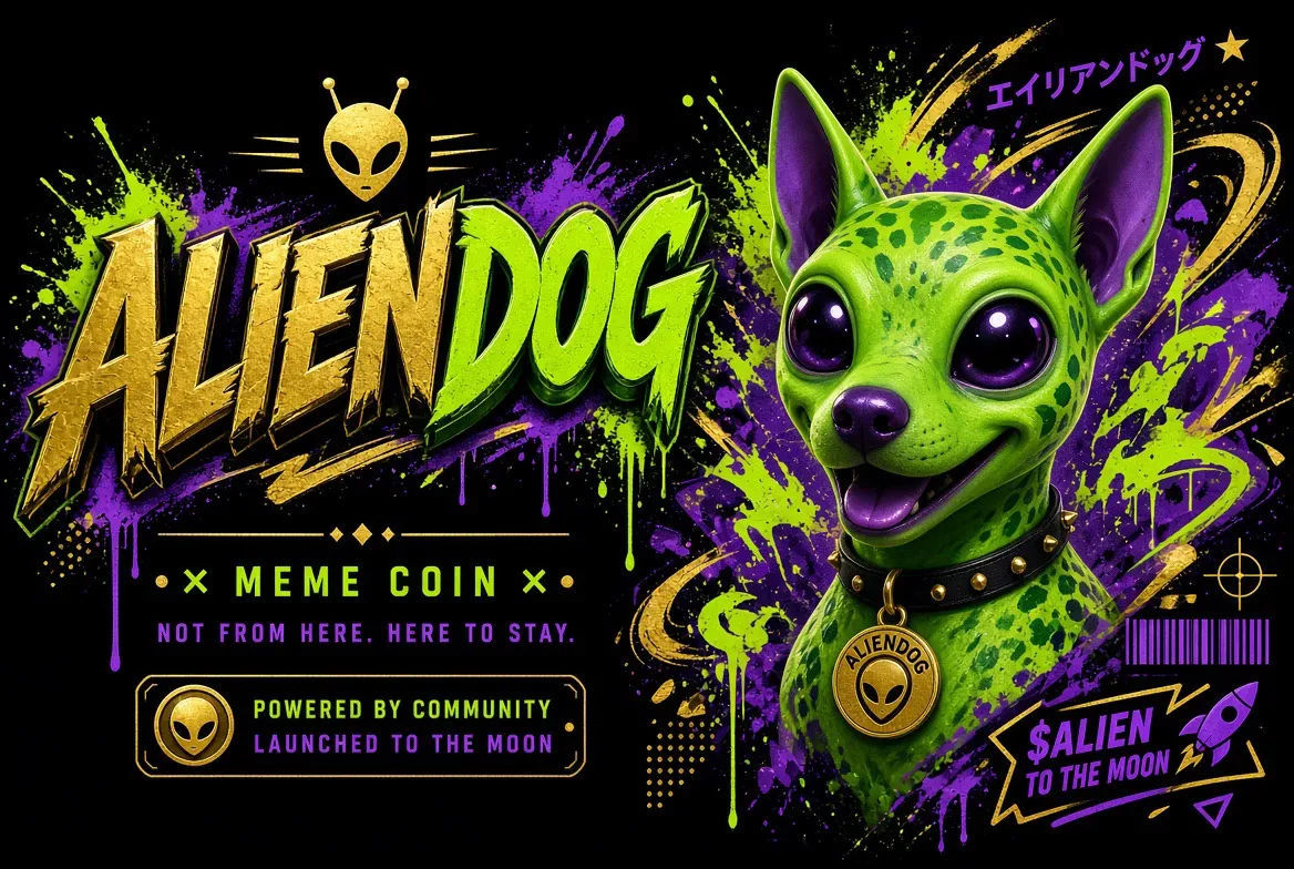 AlienDog banner art: AlienDog meme coin, 'Not from here. Here to stay.'
