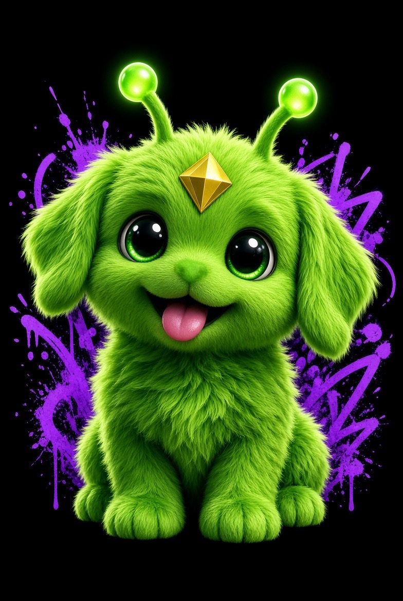 AlienDog mascot: a fuzzy green alien puppy with glowing antennae and a golden gem on its forehead, sitting in a splash of purple paint